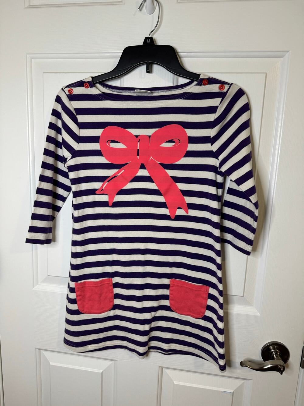 Mini Boden British Girls Striped Tunic Dress Purple White Pink Bow 11-12Y